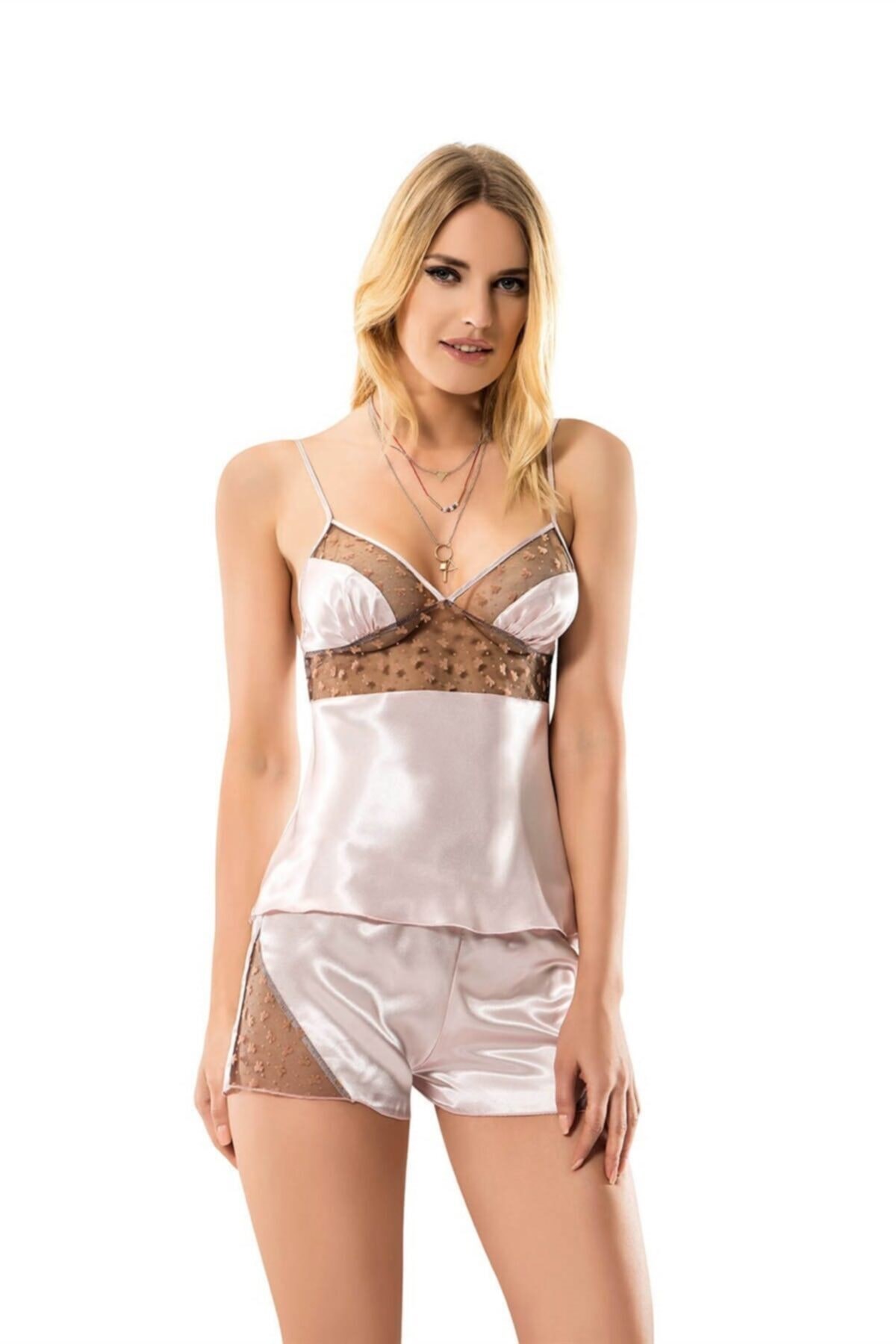 Pudra Gecelik Babydoll Şort Takım