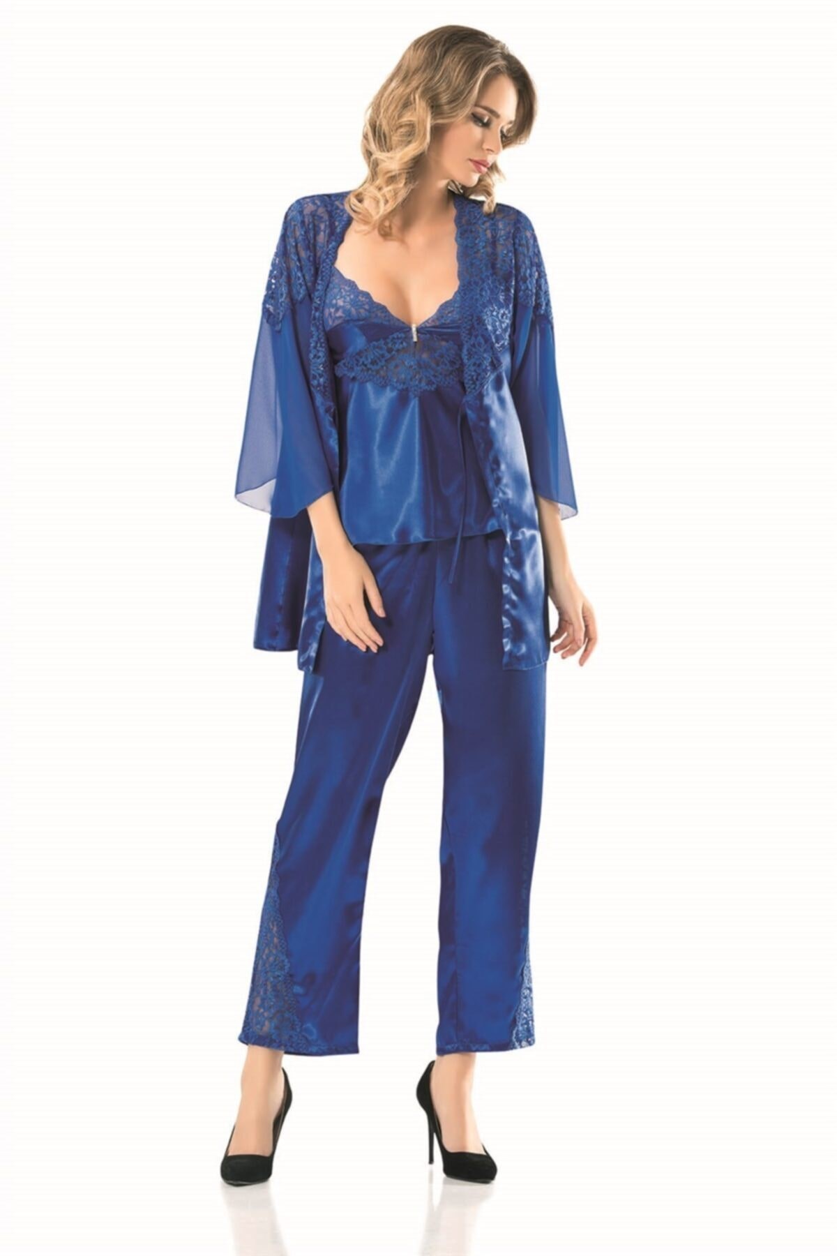 Saks Üçlü Saten Sabahlık Gecelik Pijama Takımı