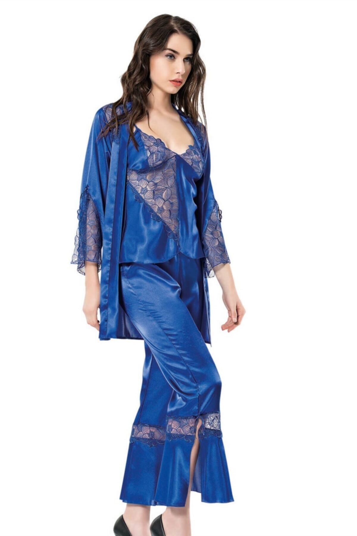 Saks Üçlü Saten Sabahlık Gecelik Pijama Takımı