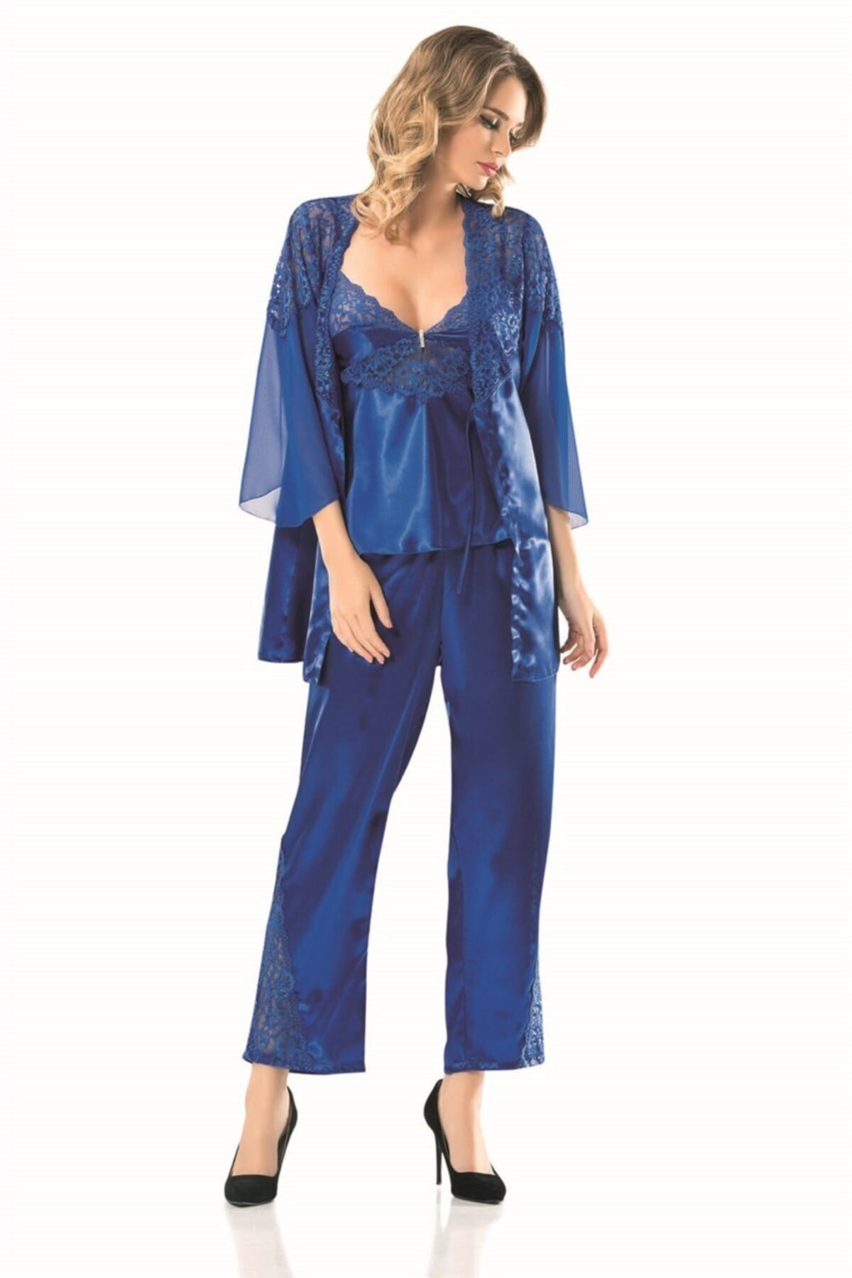 Saks Üçlü Saten Sabahlık Gecelik Pijama Takımı