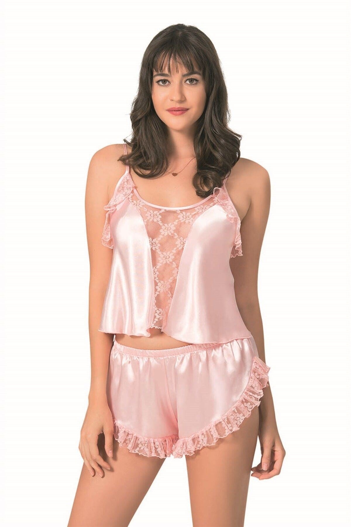 Somon Saten Babydoll Şort Takımı