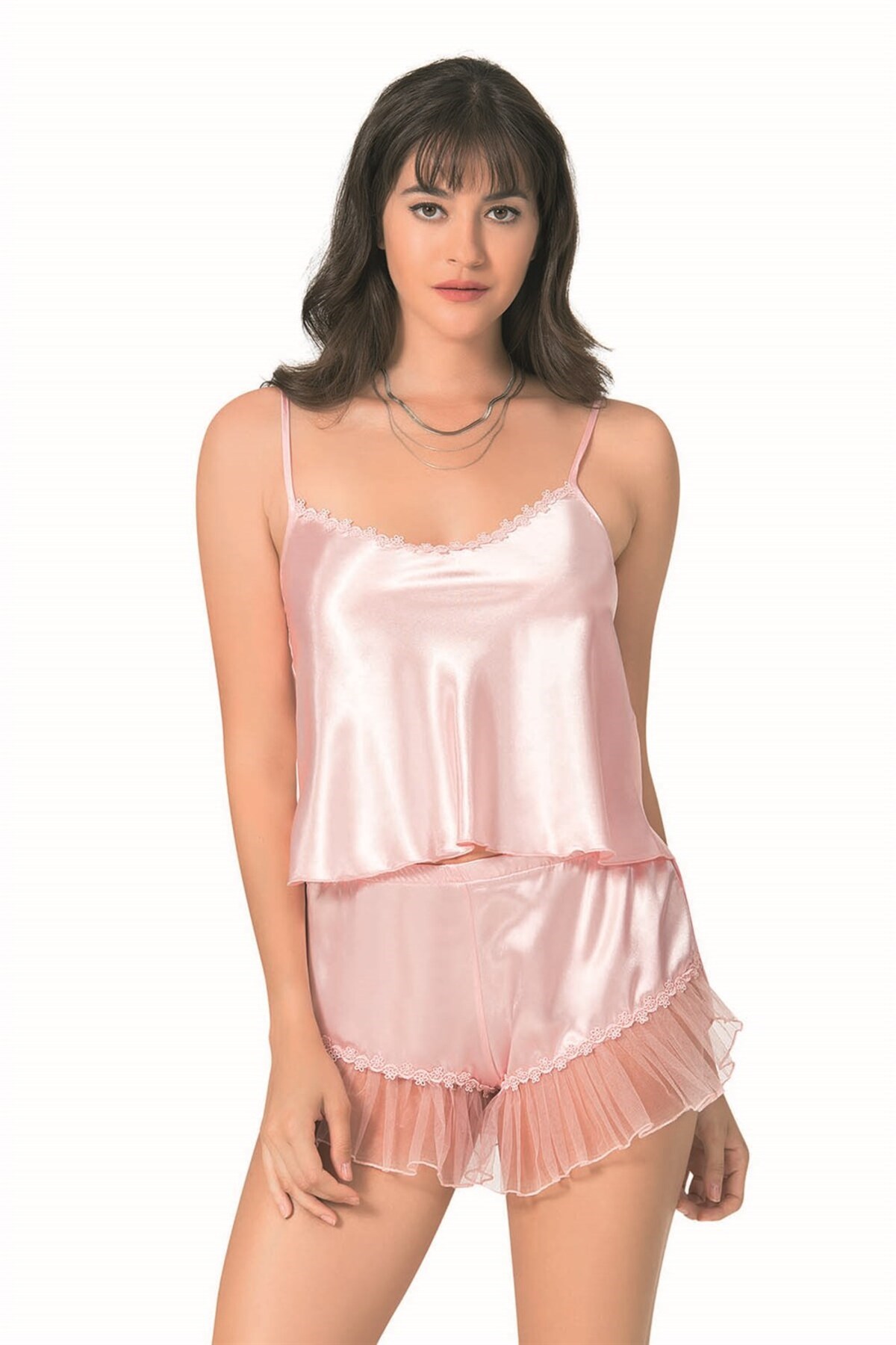 Somon Saten Babydoll Şort Takımı