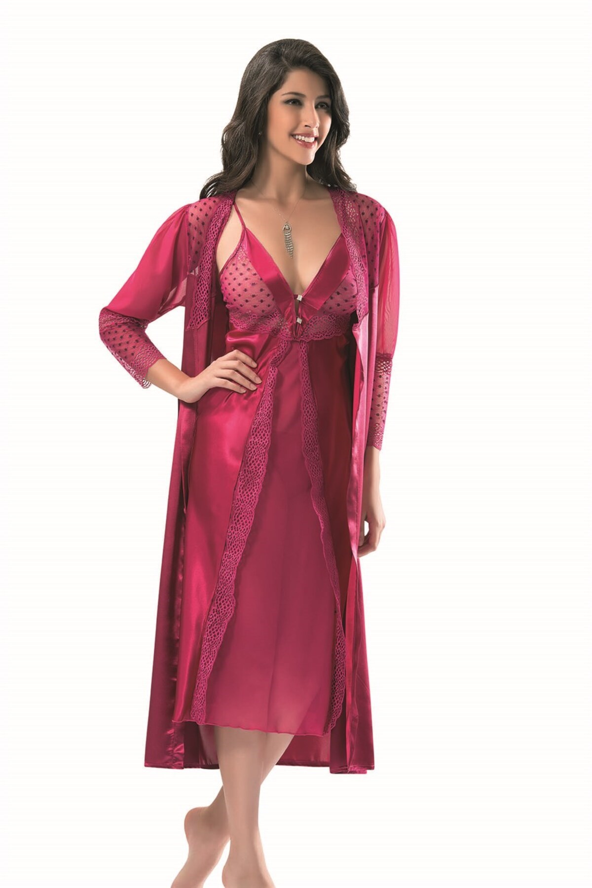 Vişne Aria's Closet Uzun Saten Gecelik Takımı 2'li
