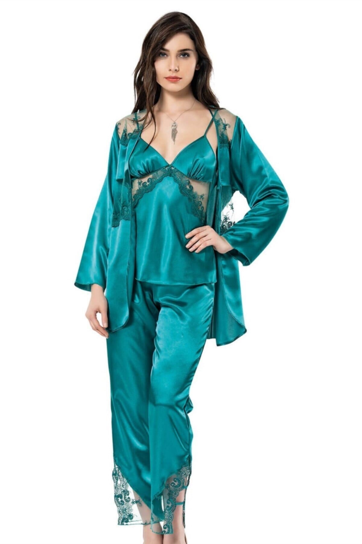 Zümrüt Üçlü Saten Sabahlık Gecelik Pijama Takımı
