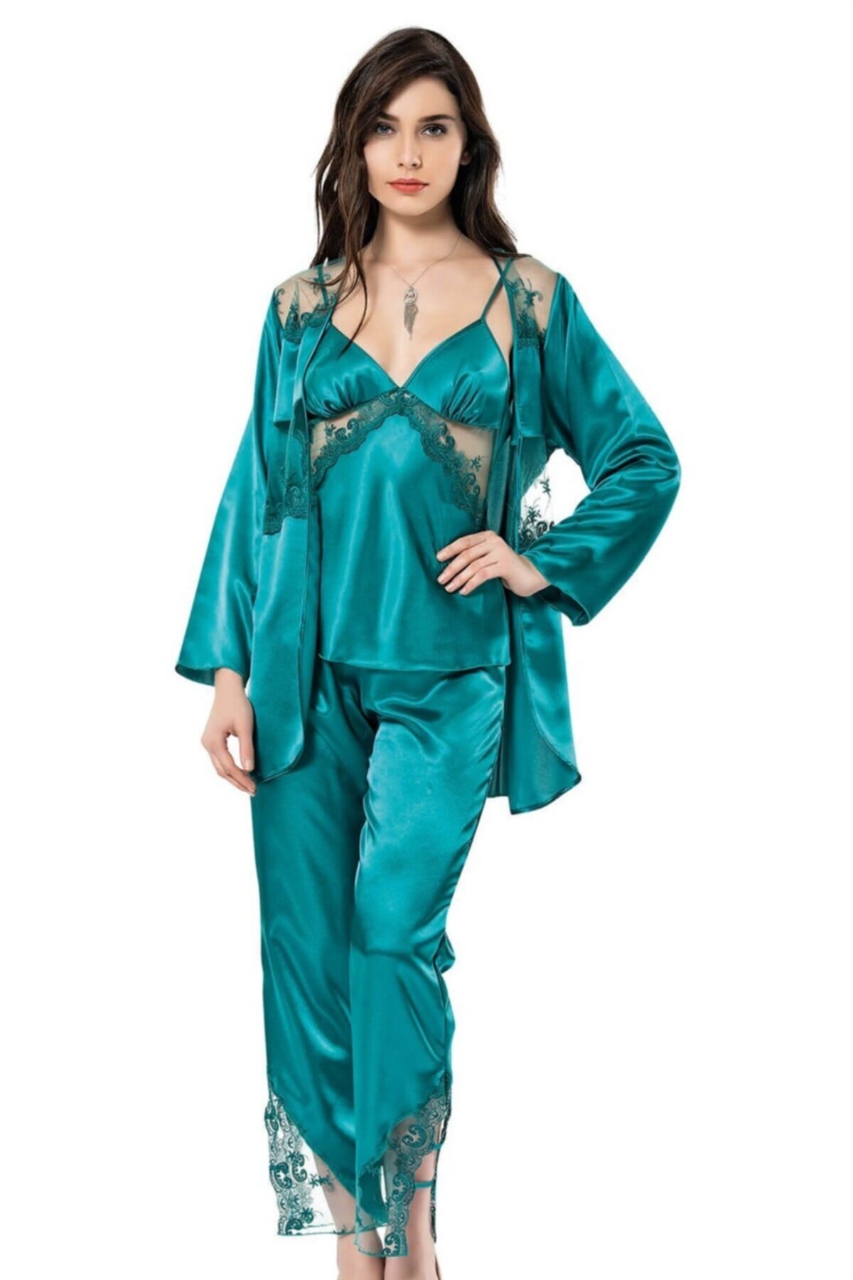 Zümrüt Üçlü Saten Sabahlık Gecelik Pijama Takımı