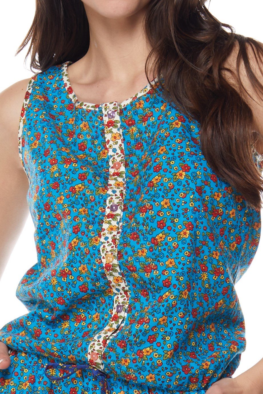  Şile Bezi Turkuaz Çiçek Desenli Tulum