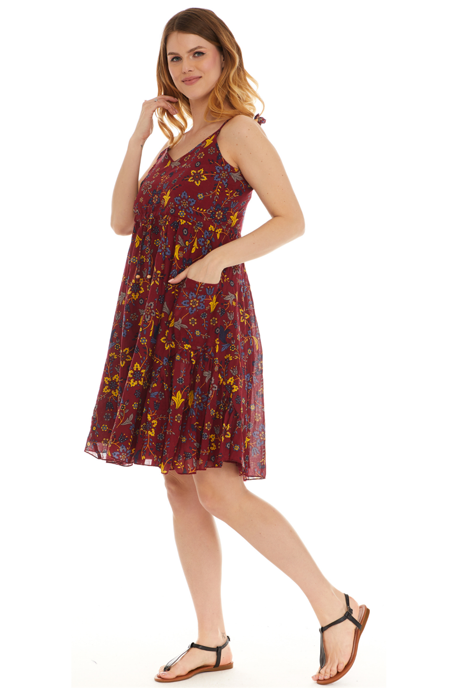 Askılı Vual Bordo Kısa Elbise