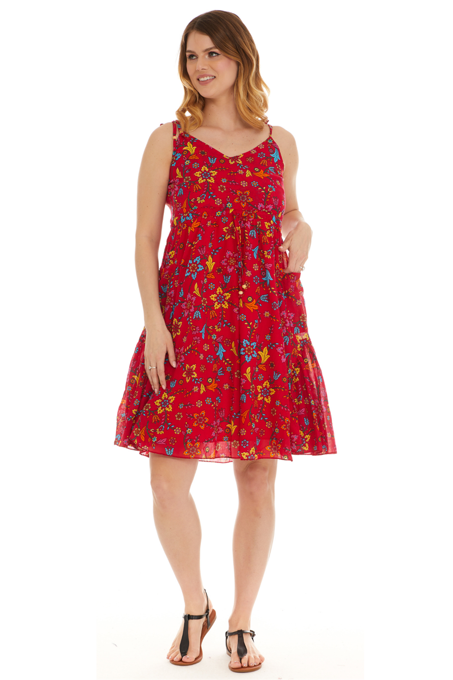 Askılı Vual Kırmızı Kısa Elbise