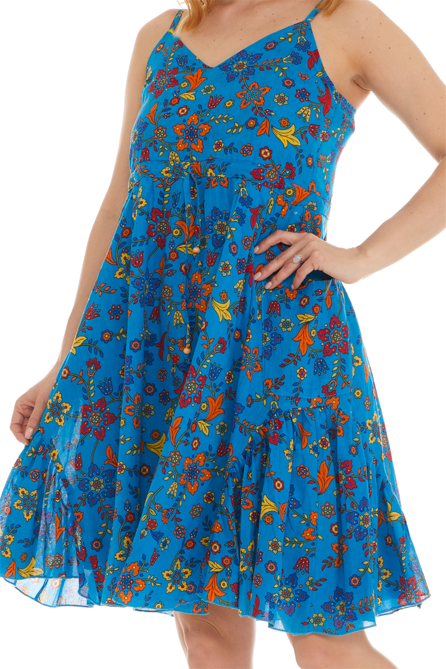 Askılı Vual Turkuaz Kısa Elbise