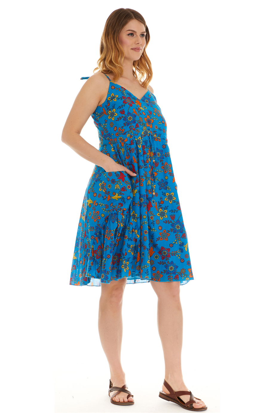 Askılı Vual Turkuaz Kısa Elbise