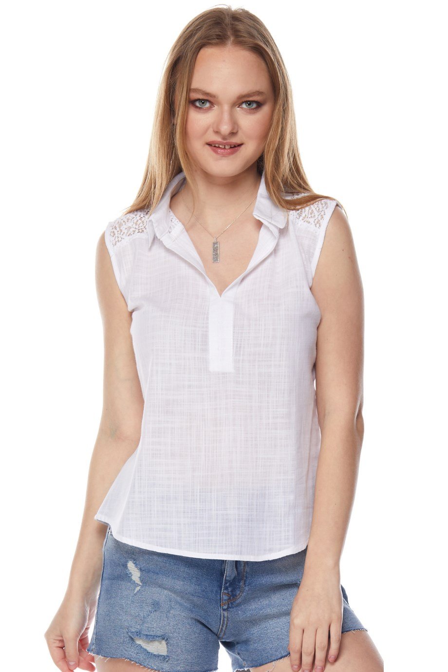 Beyaz Kolsuz Gömlek Yaka Bluz