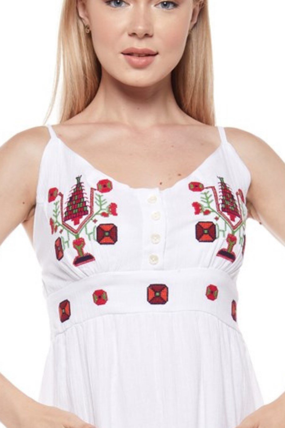 Beyaz Otantik Askılı Nakışlı Elbise