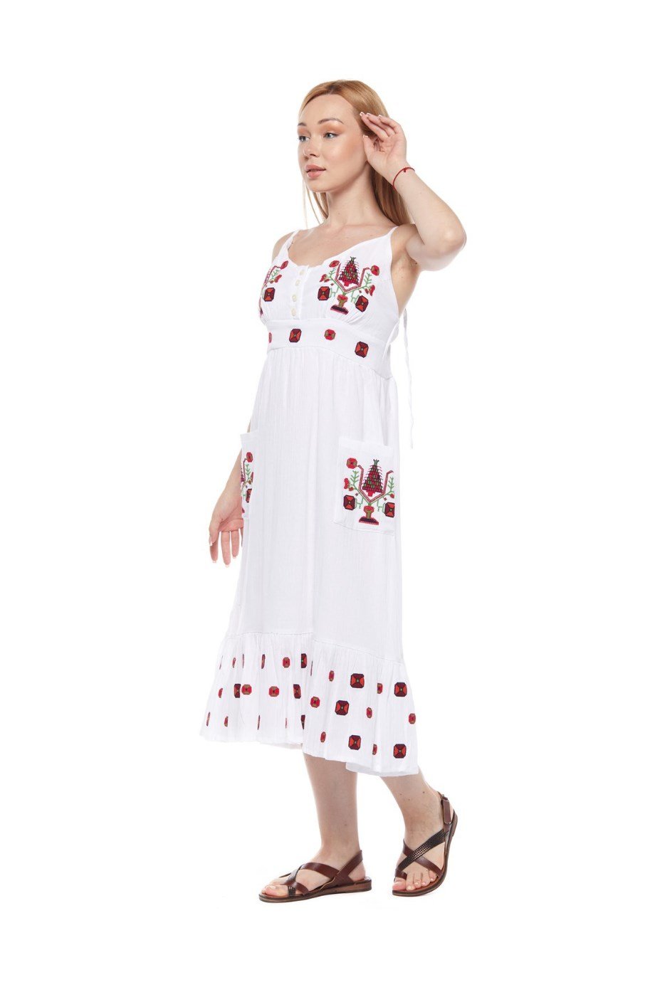 Beyaz Otantik Askılı Nakışlı Elbise