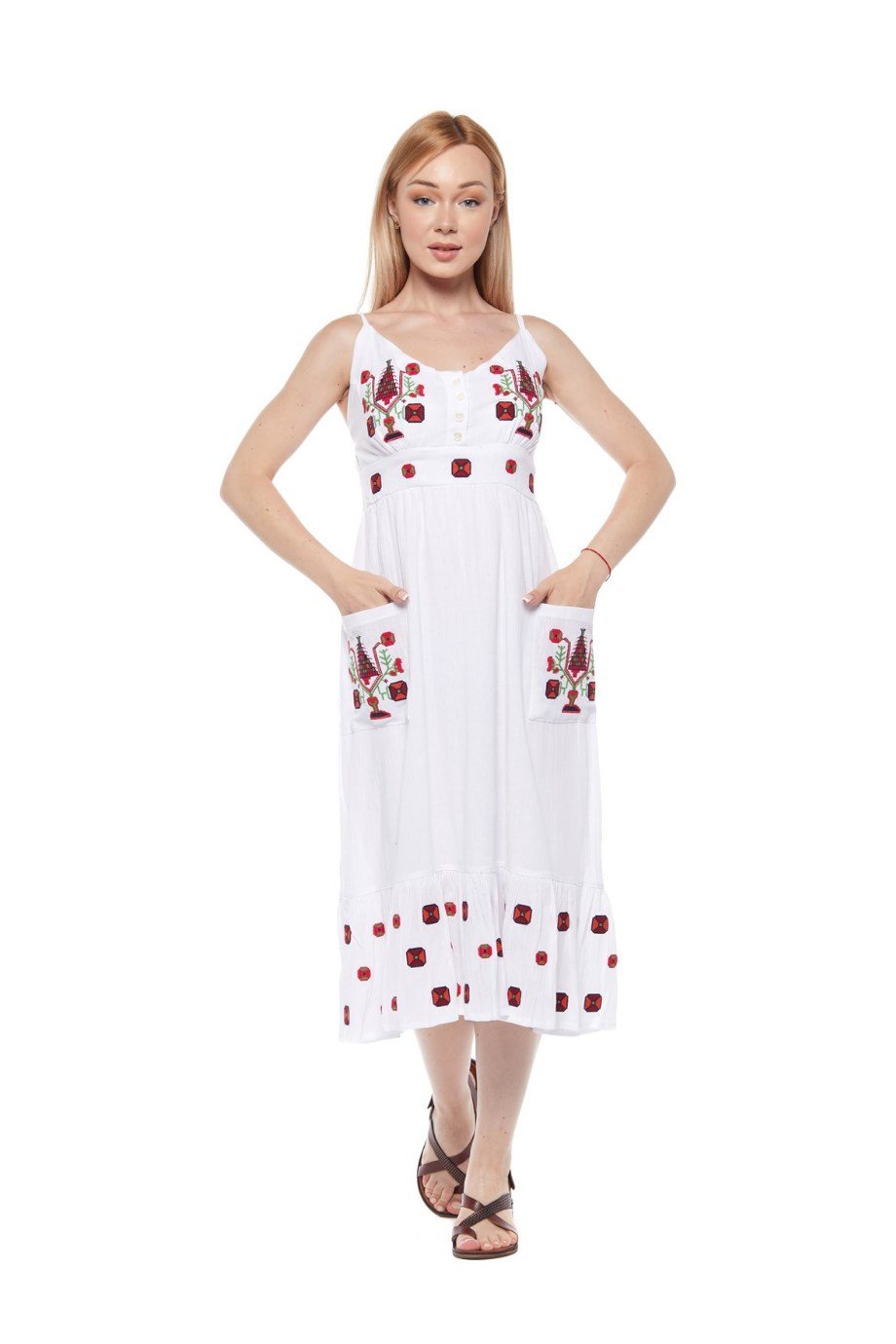 Beyaz Otantik Askılı Nakışlı Elbise