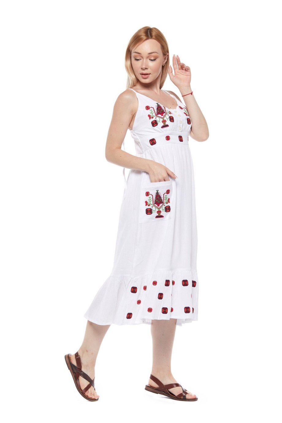 Beyaz Otantik Askılı Nakışlı Elbise