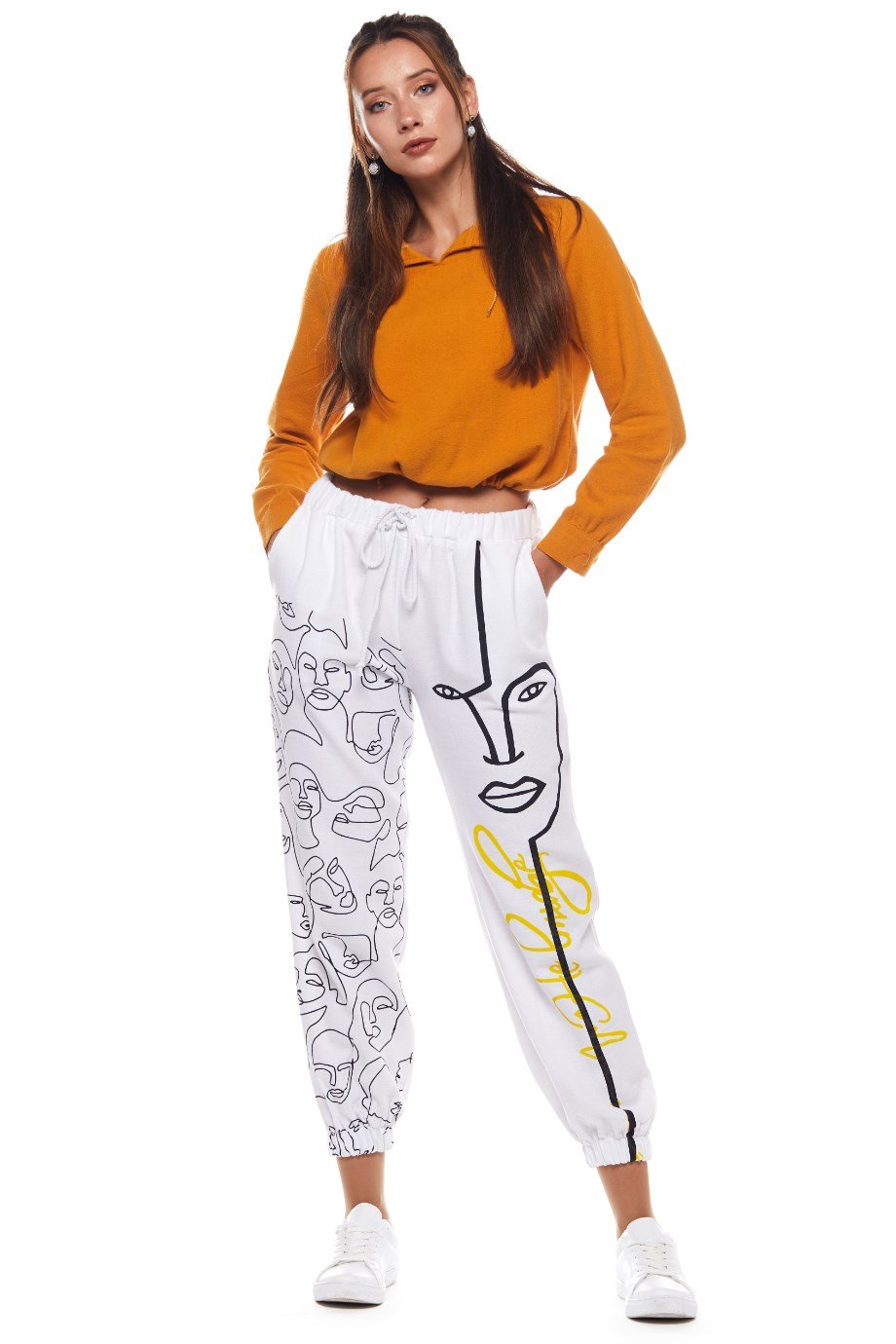 Beyaz Otantik Baskılı Pantolon