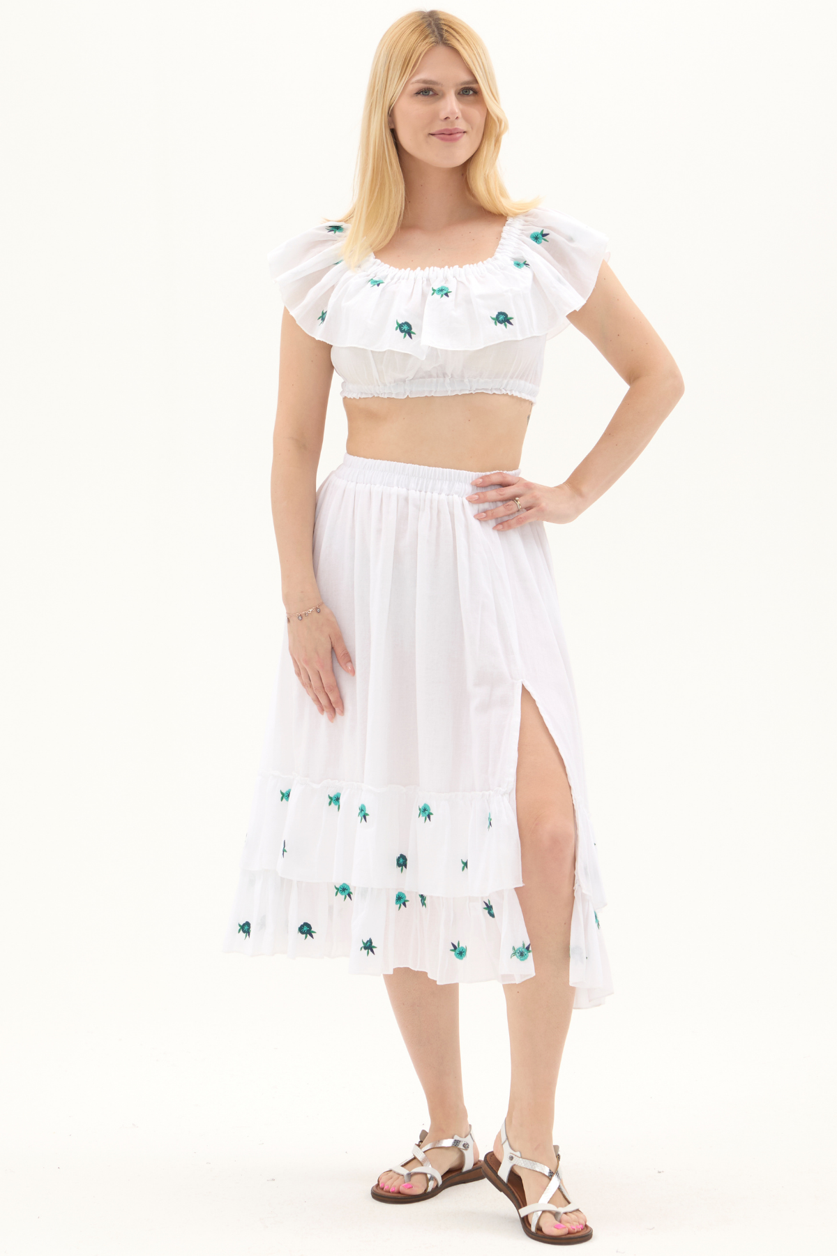 Beyaz Vual Nakışlı Yazlık Uzun Etek