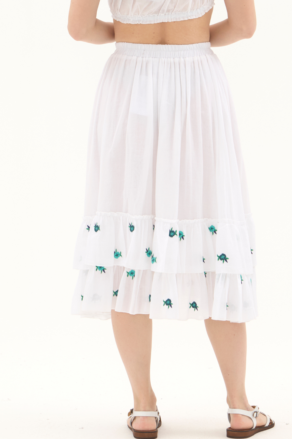 Beyaz Vual Nakışlı Yazlık Uzun Etek