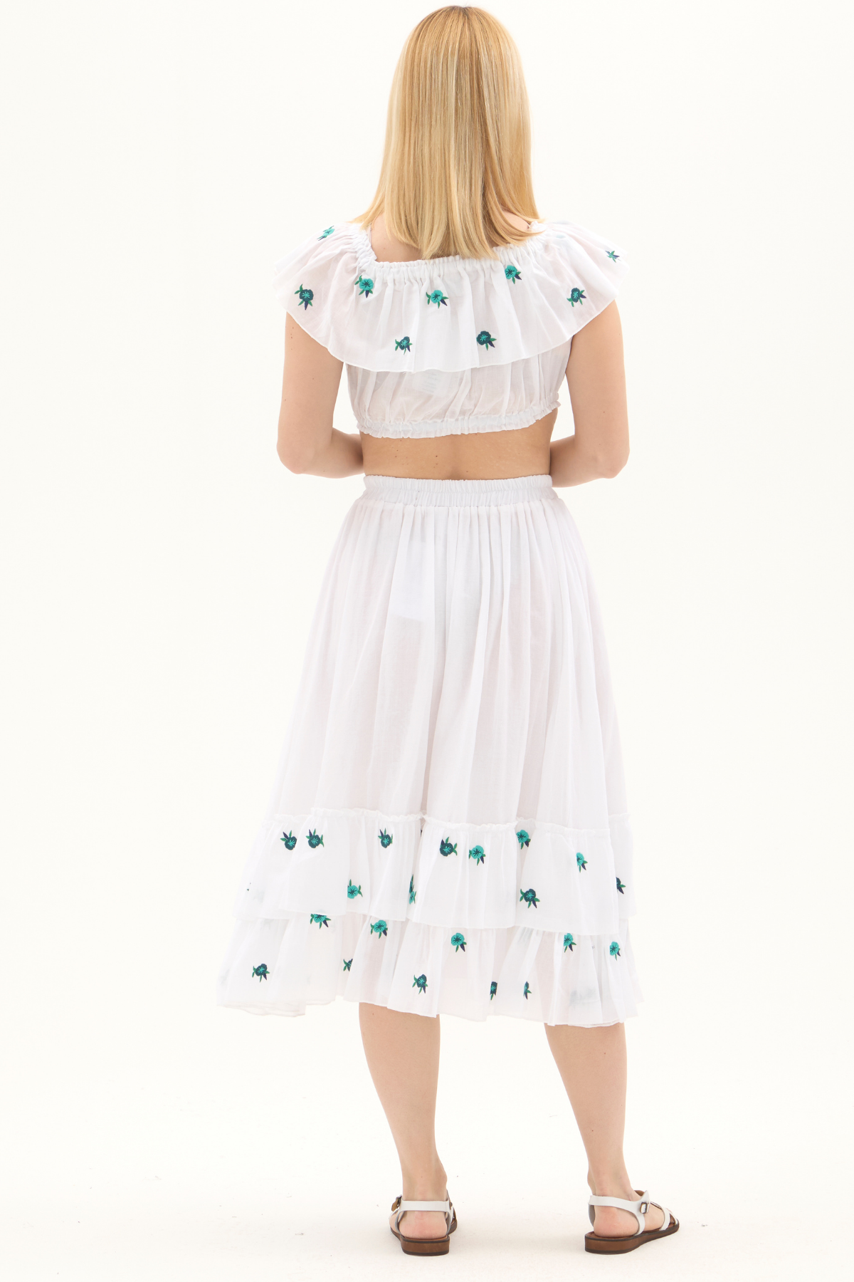 Beyaz Vual Nakışlı Yazlık Uzun Etek