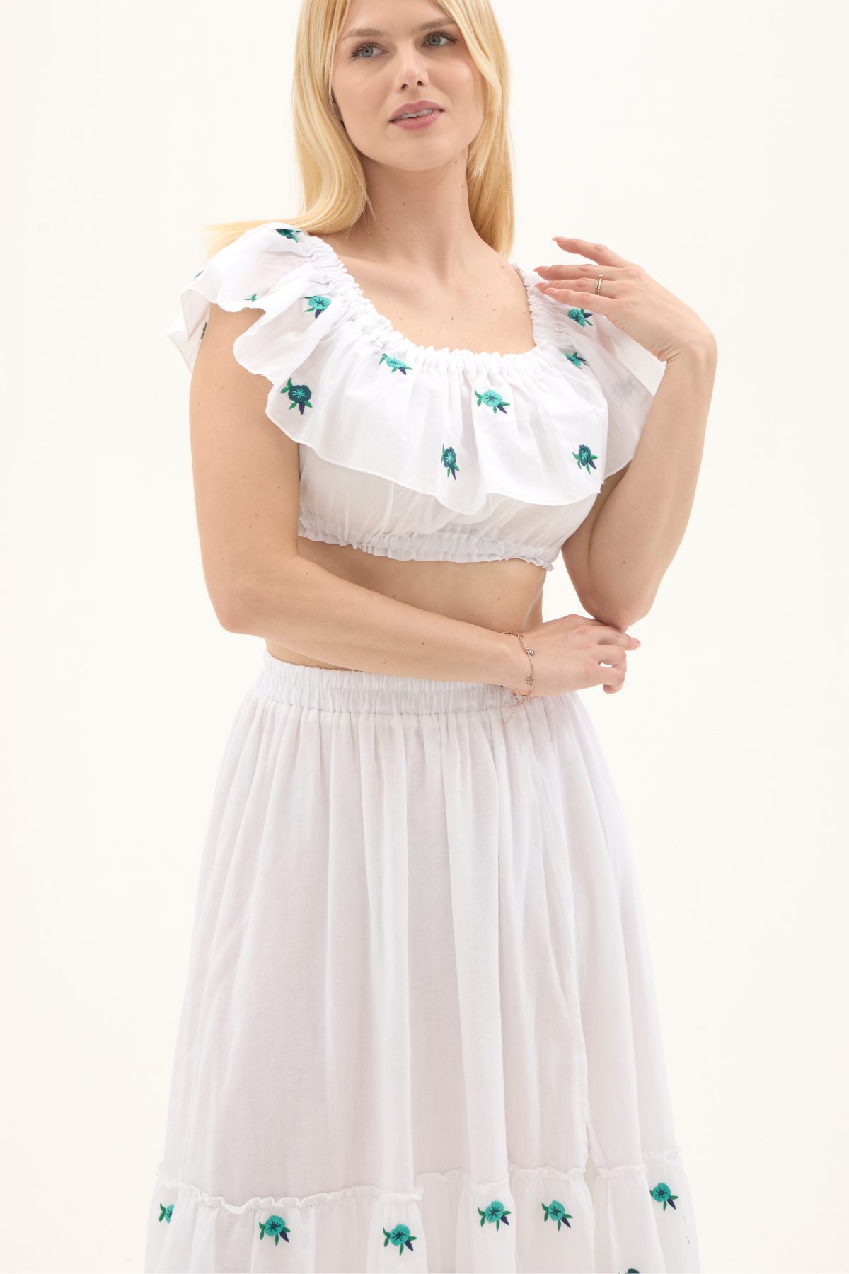 Beyaz Vual Nakışlı Yazlık Uzun Etek