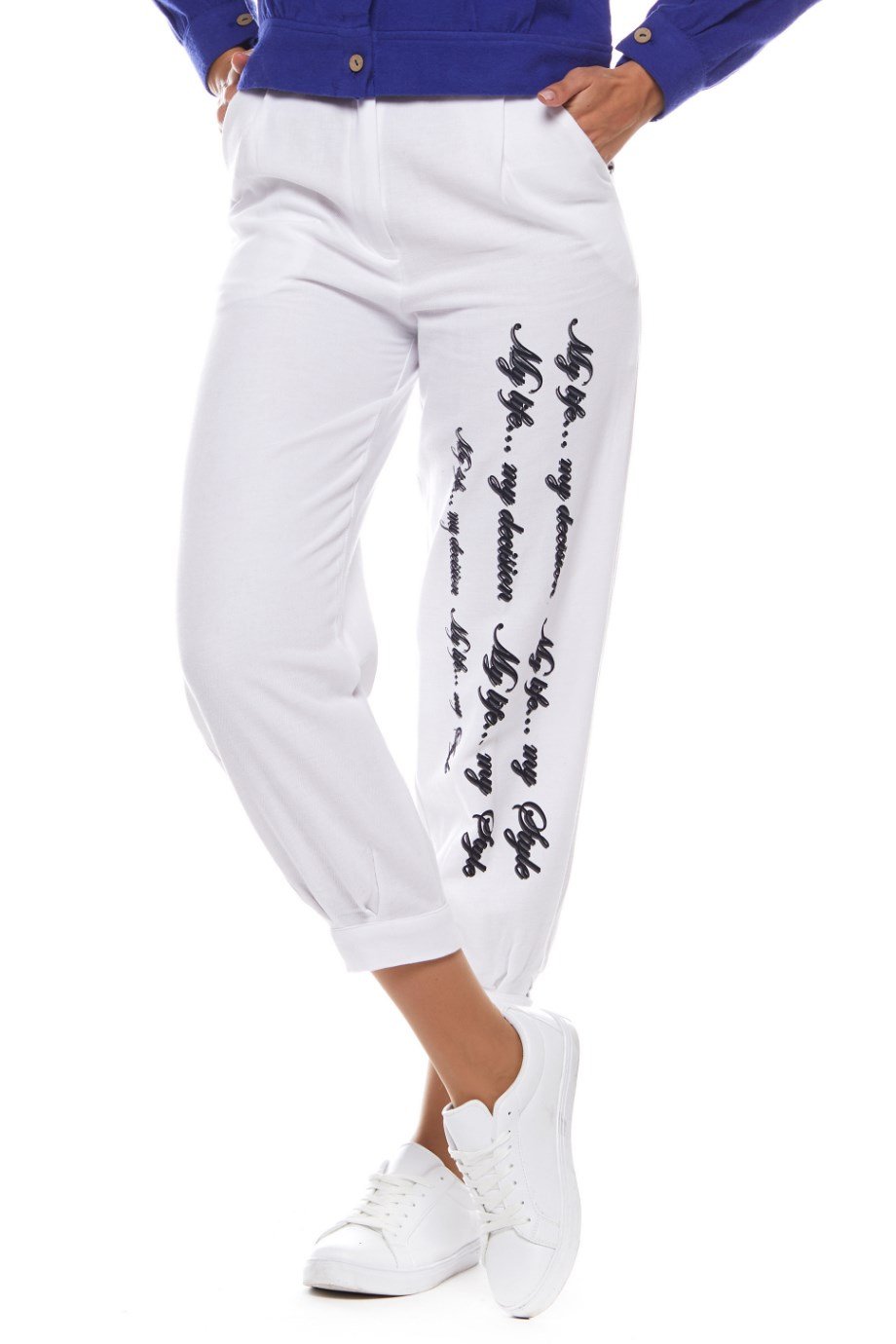 Beyaz Yazı Baskılı Pantolon