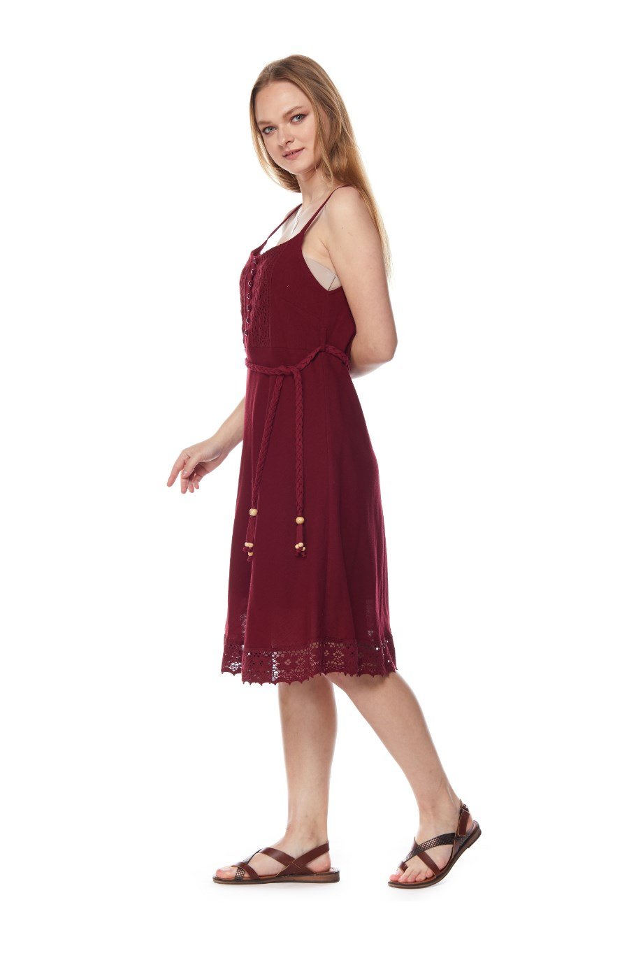 Bordo Askılı Kemerli Elbise