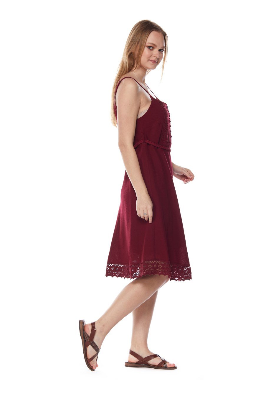 Bordo Askılı Kemerli Elbise