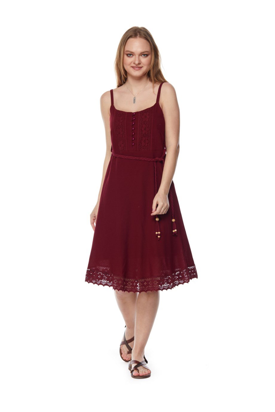 Bordo Askılı Kemerli Elbise