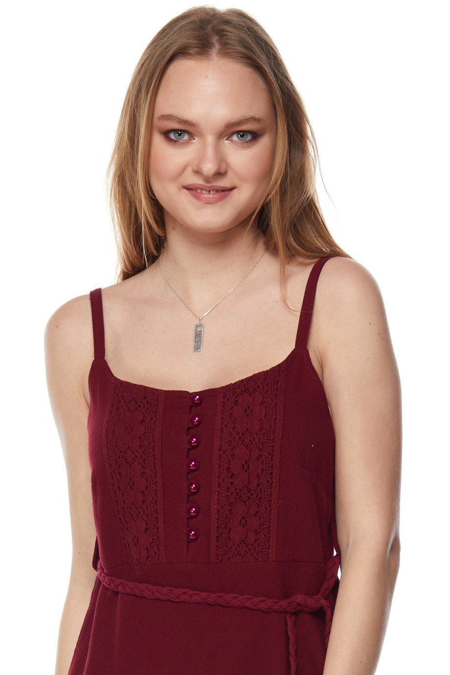 Bordo Askılı Kemerli Elbise