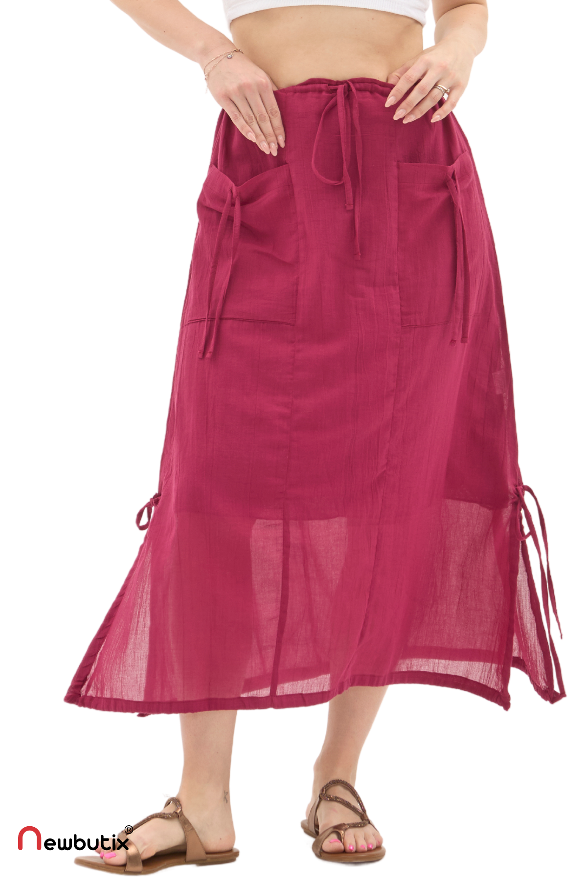 Bordo Vual Bağlama Detay Midi Boy Yazlık Etek