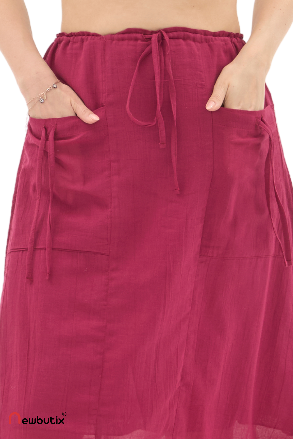 Bordo Vual Bağlama Detay Midi Boy Yazlık Etek