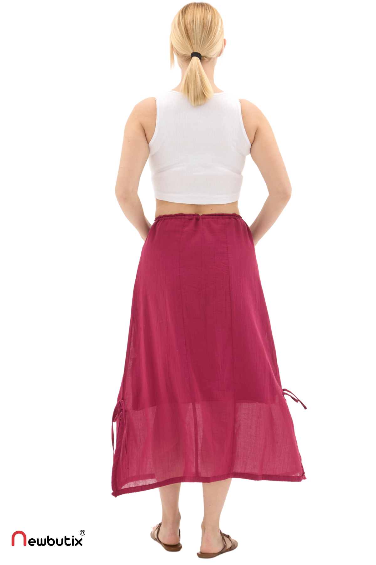 Bordo Vual Bağlama Detay Midi Boy Yazlık Etek