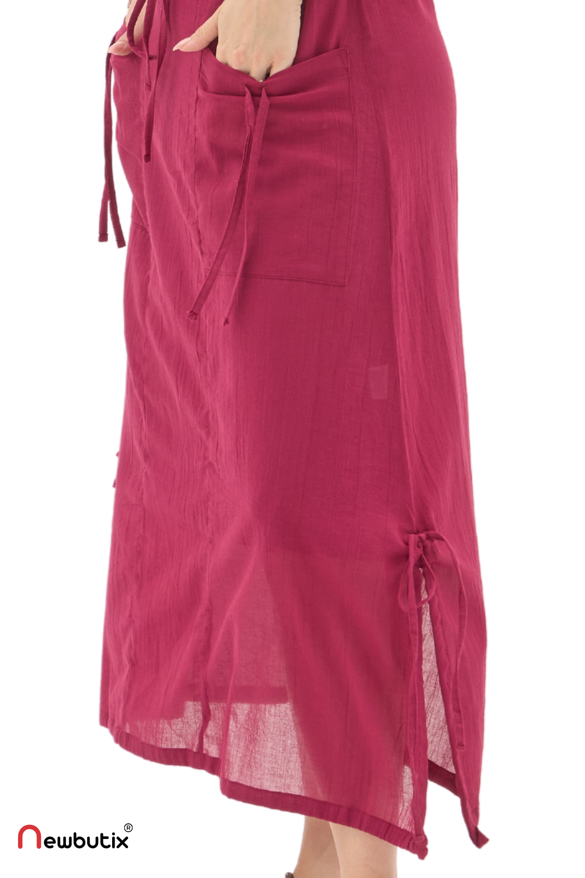 Bordo Vual Bağlama Detay Midi Boy Yazlık Etek