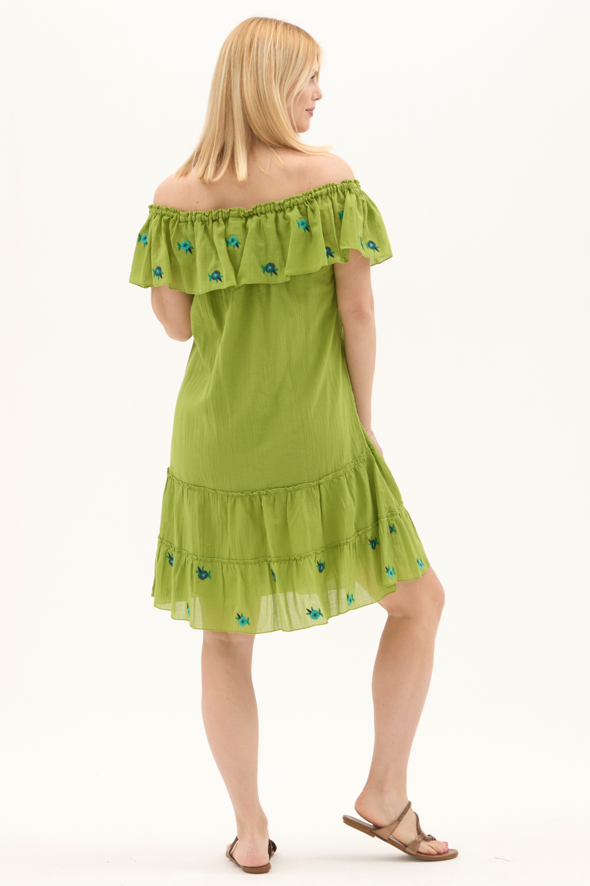 Fıstık Yeşili Kısa Kol Vual Nakışlı Kısa Yazlık Elbise