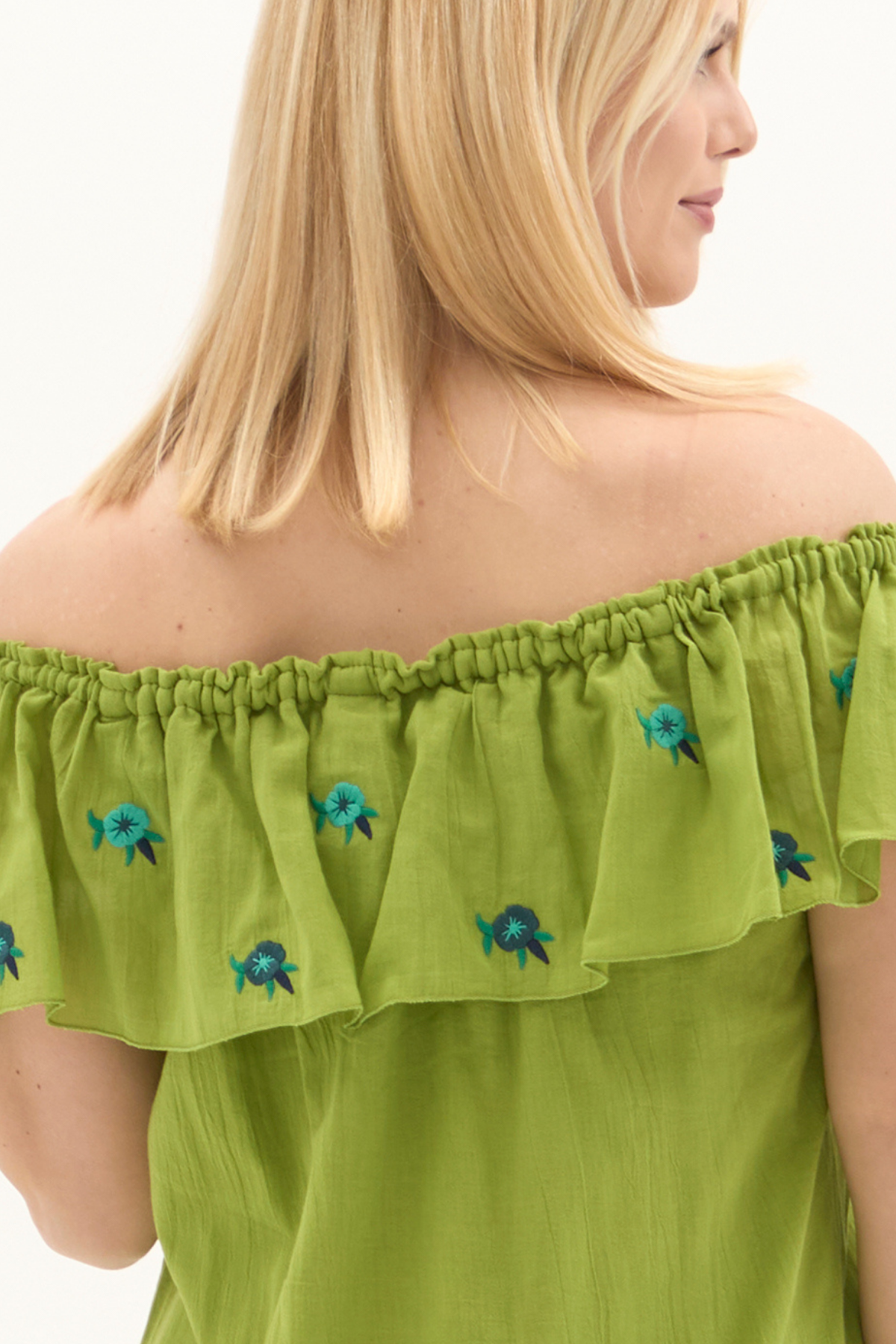 Fıstık Yeşili Kısa Kol Vual Nakışlı Kısa Yazlık Elbise