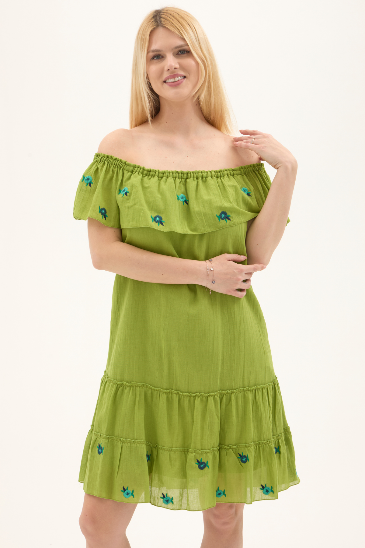 Fıstık Yeşili Kısa Kol Vual Nakışlı Kısa Yazlık Elbise