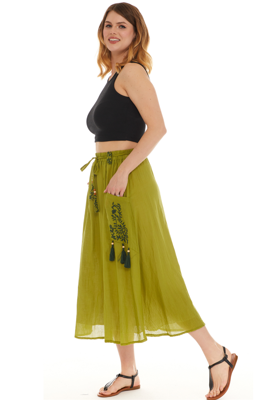 Fıstık Yeşili Vual Midi Boy Etek