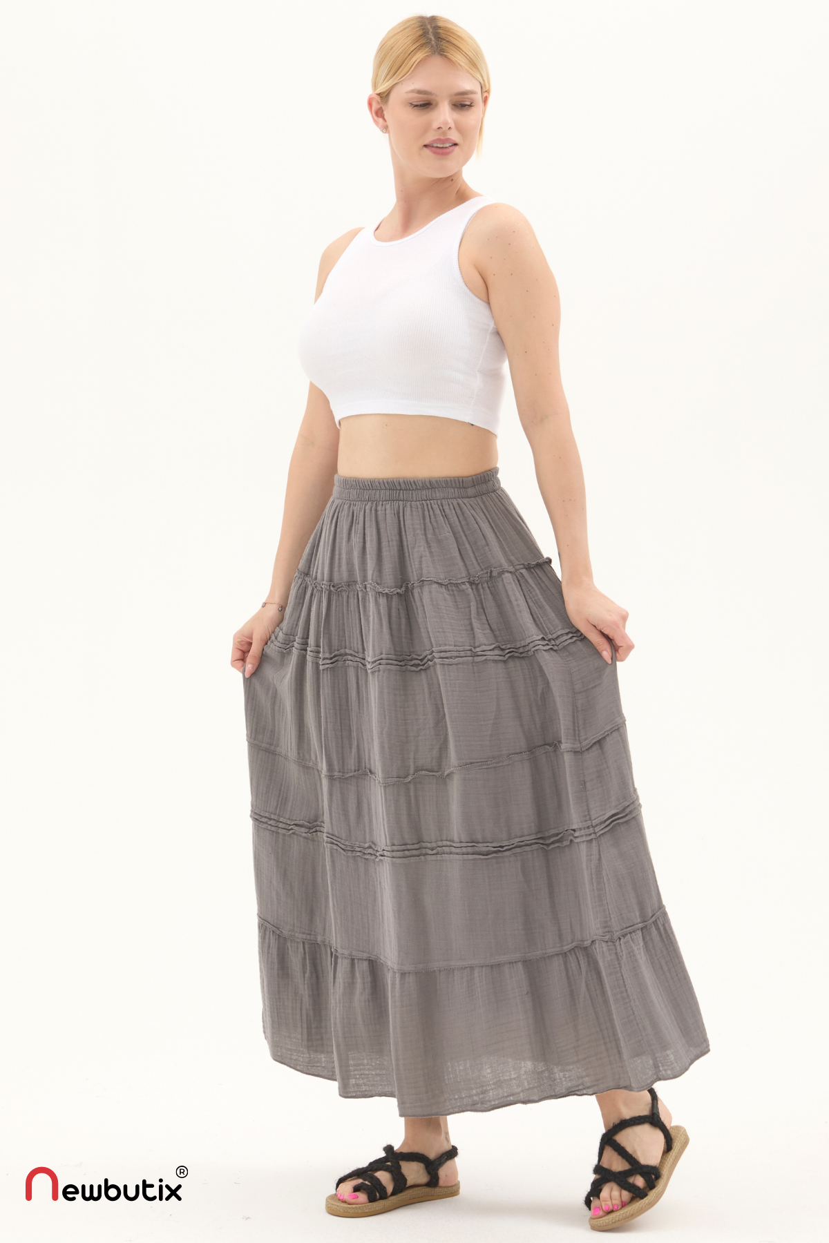 Gri Müslin Uzun Yazlık Etek