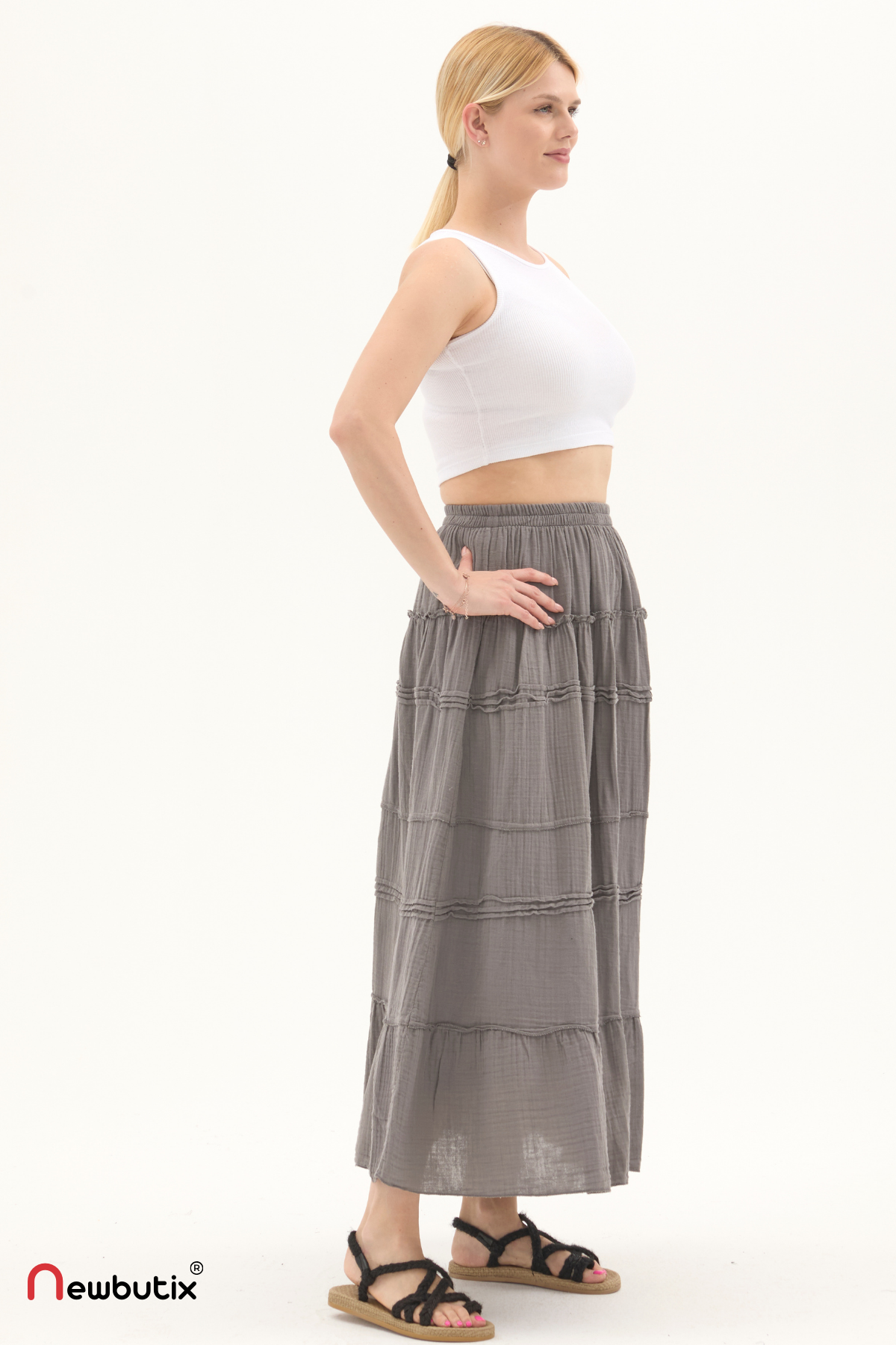 Gri Müslin Uzun Yazlık Etek