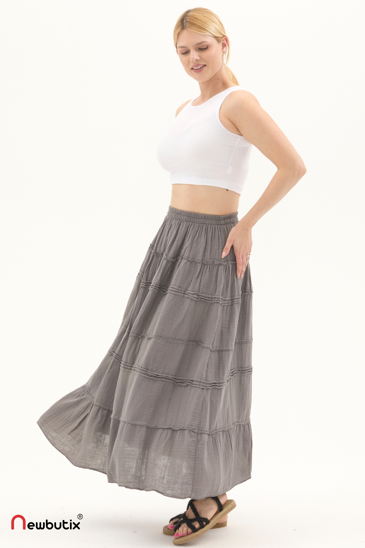 Gri Müslin Uzun Yazlık Etek