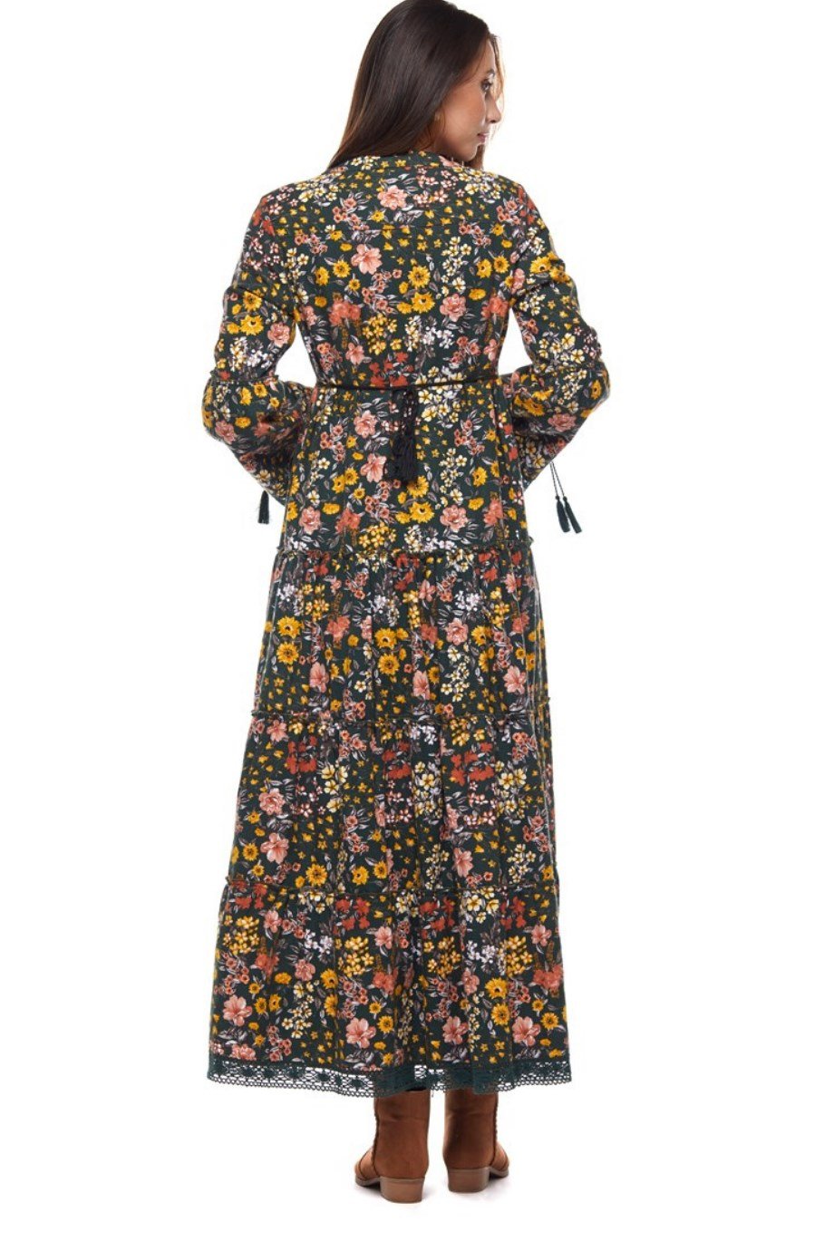 Haki Dantelli Bahar Desen Uzun Elbise