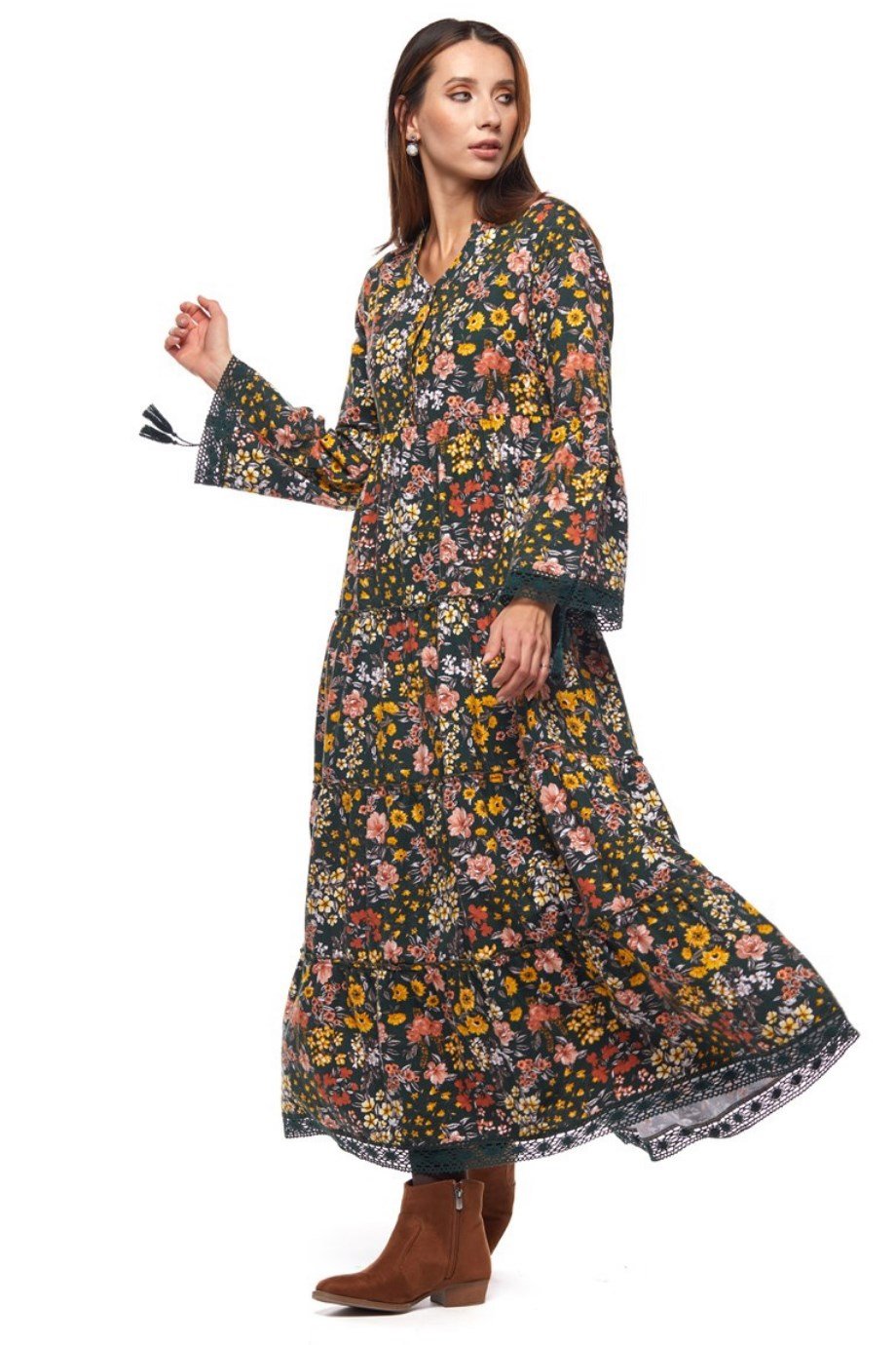 Haki Dantelli Bahar Desen Uzun Elbise