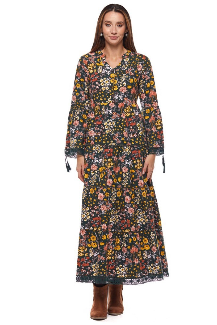 Haki Dantelli Bahar Desen Uzun Elbise