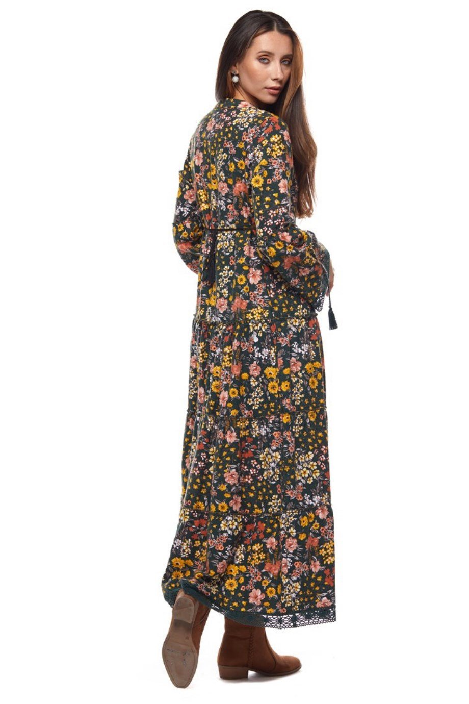 Haki Dantelli Bahar Desen Uzun Elbise