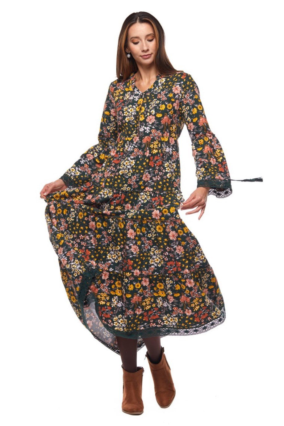 Haki Dantelli Bahar Desen Uzun Elbise