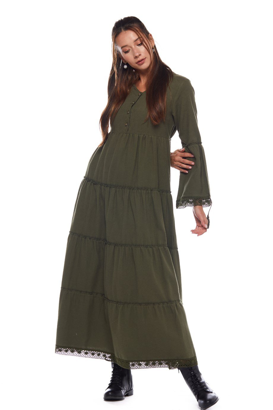 Haki Dantelli Düz Desen Uzun Elbise