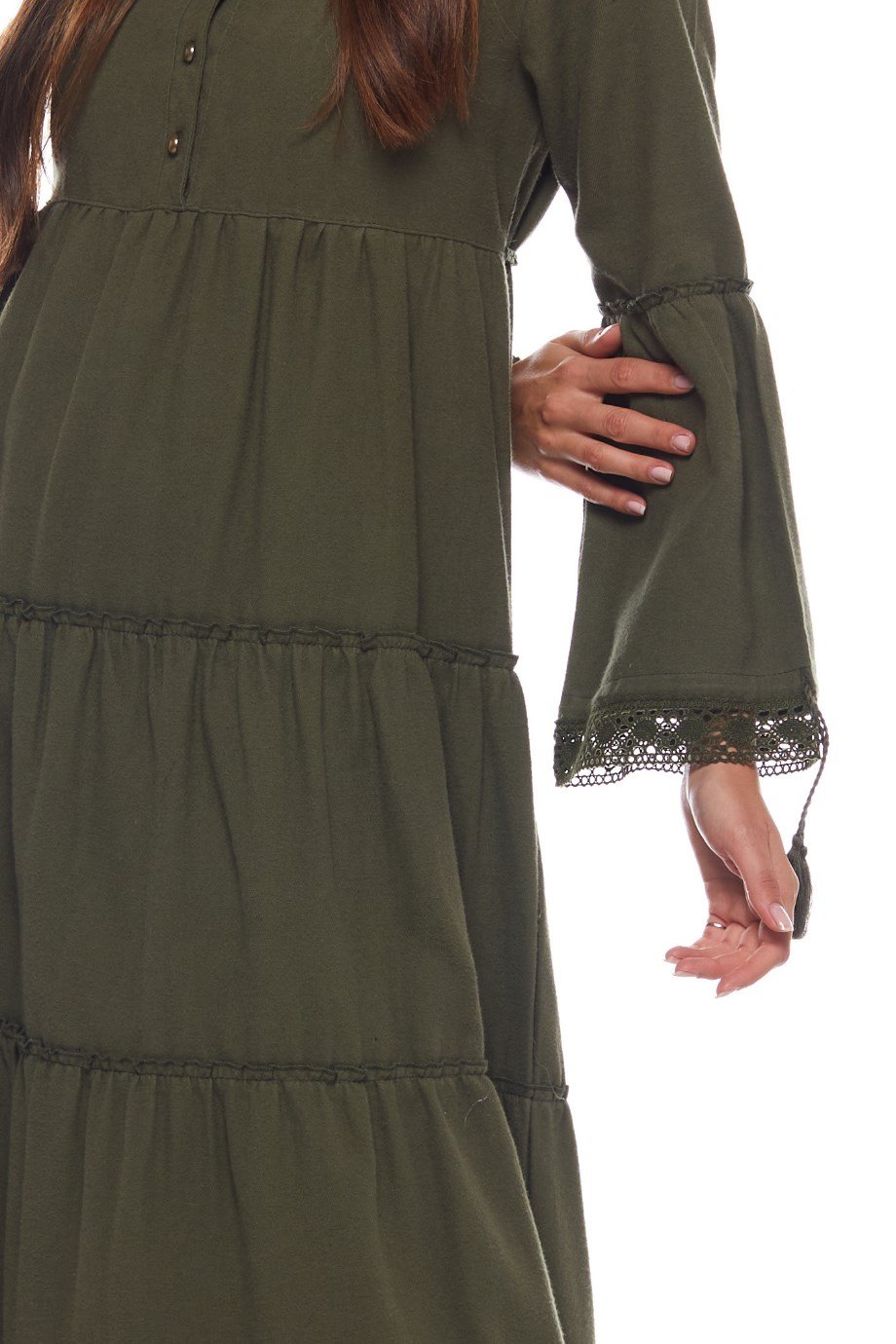 Haki Dantelli Düz Desen Uzun Elbise