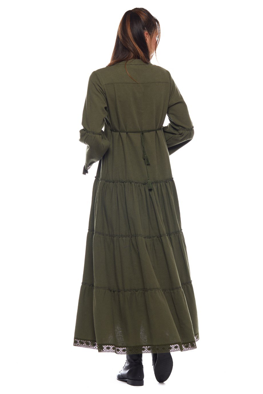 Haki Dantelli Düz Desen Uzun Elbise