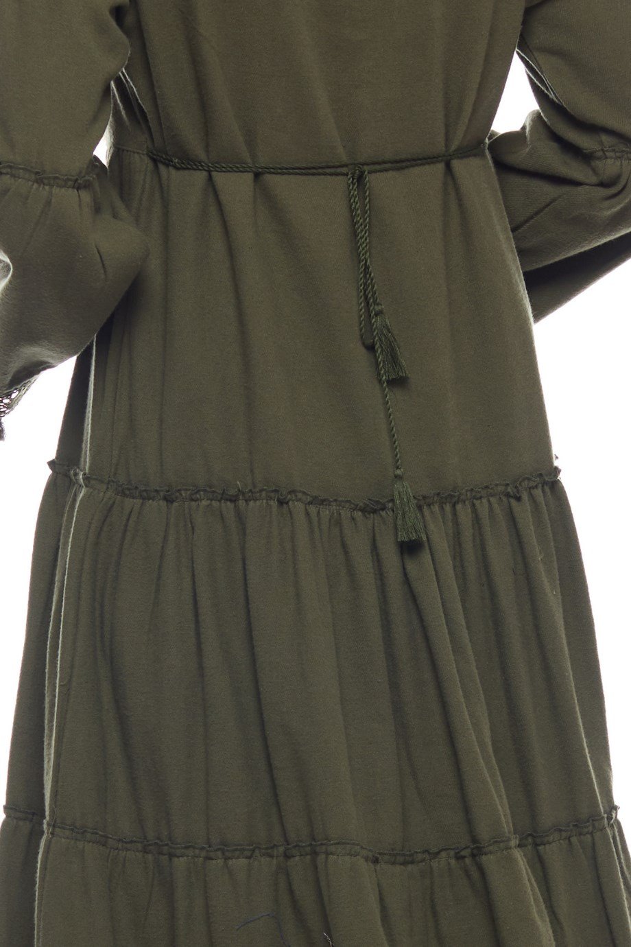 Haki Dantelli Düz Desen Uzun Elbise