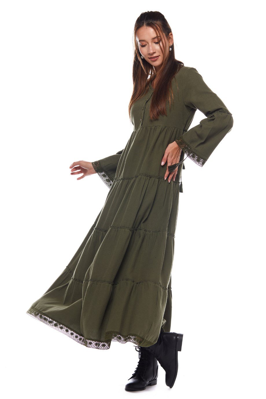 Haki Dantelli Düz Desen Uzun Elbise